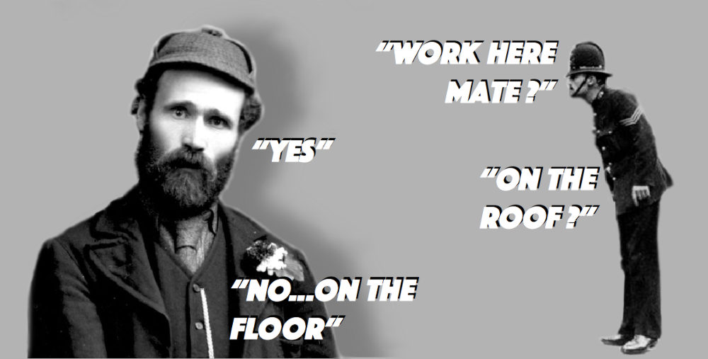 Keir Hardie in working class atire next to a policeman
